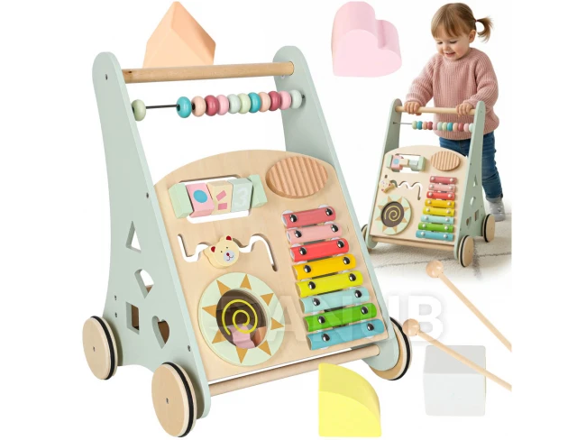 Detské drevené chodítko s počítadlom - modré