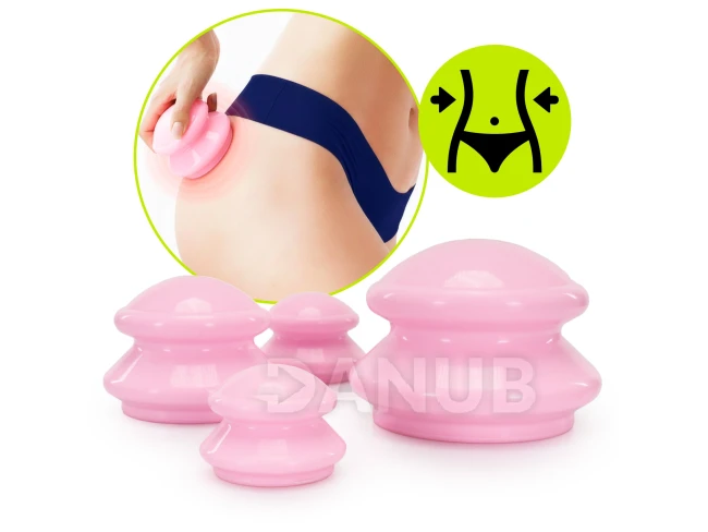 Čínske bankové vaničky, gumené, na masáž, sada 4 kusov, proti celulitíde, ružové