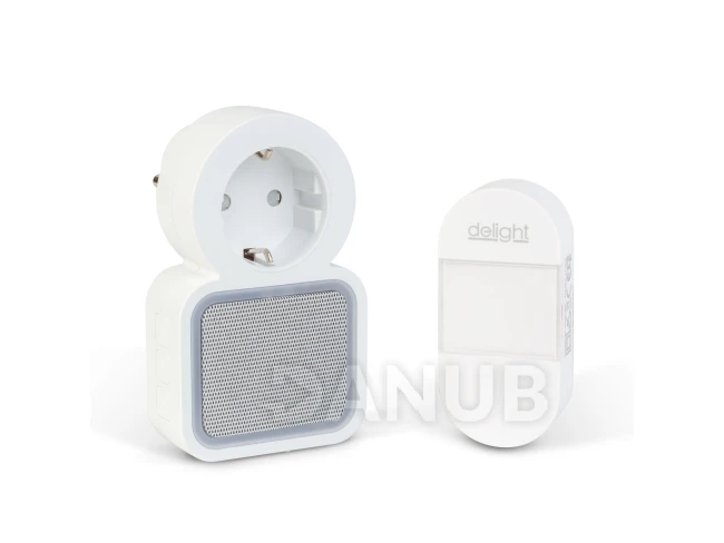 Digitálny bezbatériový a bezdrôtový zvonček – Kinetický – do zásuvky 220–240V AC – biely – modrá LED