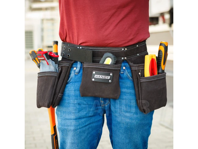 Profesionálny kožený opasok na náradie – 7 vreciek, 1 držiak na kladivo, 4 držiaky na ceruzky