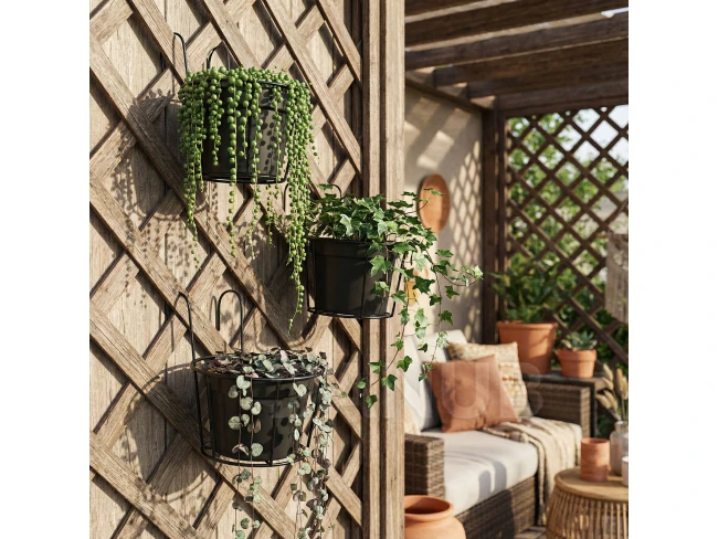 Kovový kôš na zavesenie na balkónové zábradlie – na upevnenie kvetináčov – 18 cm – čierny