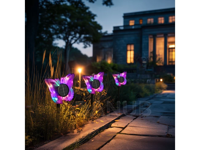 Zapichovacia solárna lampa – motýľ – fialový – 13 x 6,5 x 35 cm – teplá biela + farebné LED