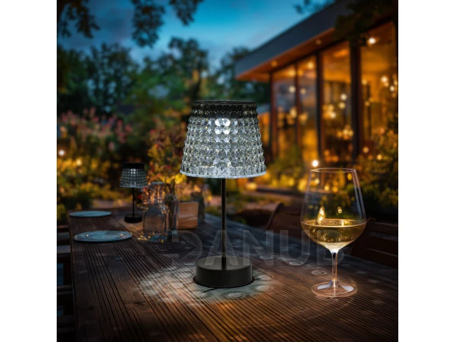 Solárna stolová lampa – dymová – studená biela LED – plast – 26 x 12 cm