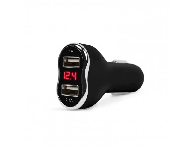 Adaptér do autozapalovača s dvojitým USB portom, s meraním napätia a prúdu - čierny