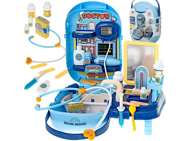 Lekárska súprava s príslušenstvom v kufríku. + stôl - 34ks - modrá
