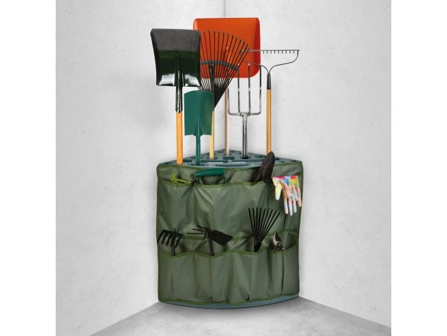 Plastový záhradný držiak náradia do rohu - pripevniteľný na stenu - 43 x 43 x 59 cm