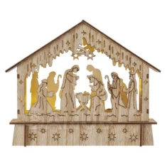 LED vianočný betlehem drevený, 15 cm, 2x AA, vnútorný, teplá biela, časovač