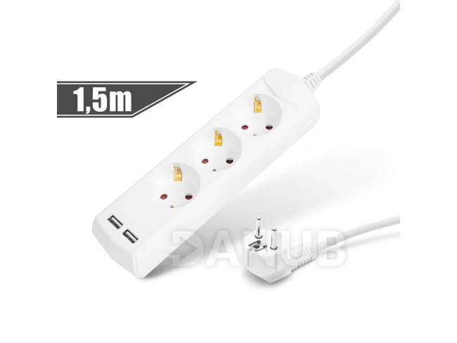 Predlžovačka s 3 zásuvkami, 3 x 1,5 mm² - 1,5 m - 2 x USB
