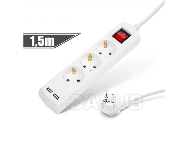 Predlžovačka s 3 zásuvkami - 3 x 1,5 mm - 1,5 m - 2 x USB - s vypínačom