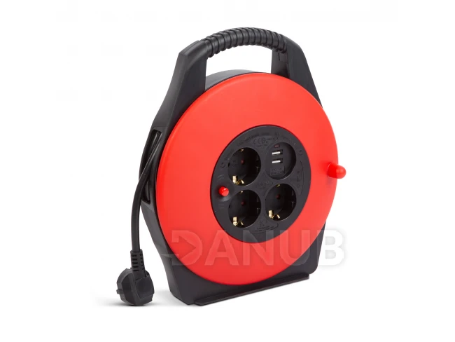 Káblový bubon s plastovým držiakom - 3 x 1,5 mm² - 2 x USB - 10 m