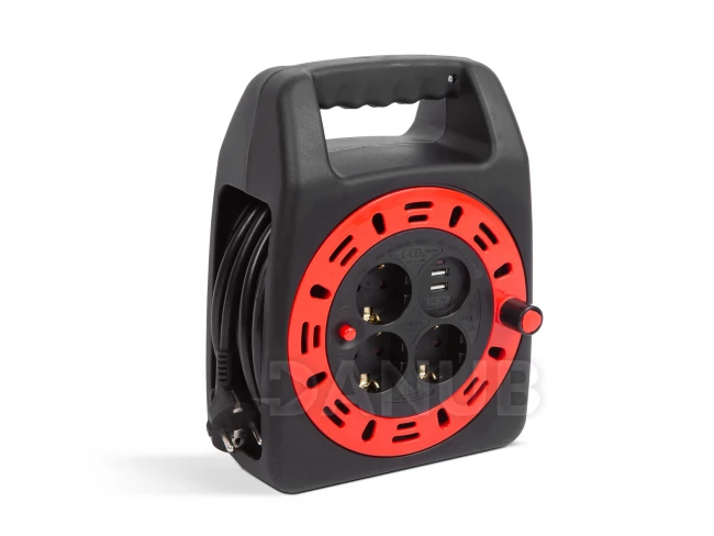 Káblový bubon s plastovým držiakom - 3 x 1,5 mm² + 2 x USB - 15 m