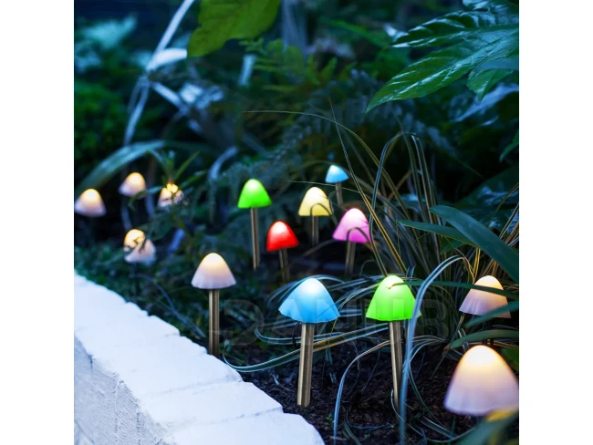 LED solárna lampa - 12 ks mini hríbov - farebné - 28,5 cm x 4 m