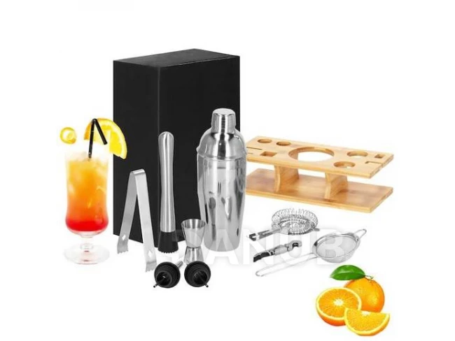 Barmanská súprava na kokteily so stojanom - 11 prvkov - strieborná