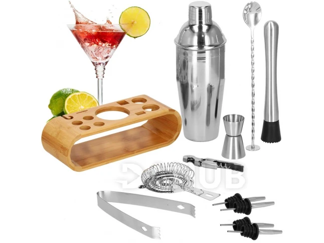 Barmanská súprava na nápoje - 12 prvkov - shaker 750 ml - so stojanom - nerez - strieborná