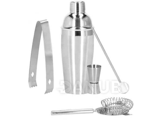 Barmanská súprava na nápoje - 5 prvkov - shaker 750 ml - so stojanom - strieborná