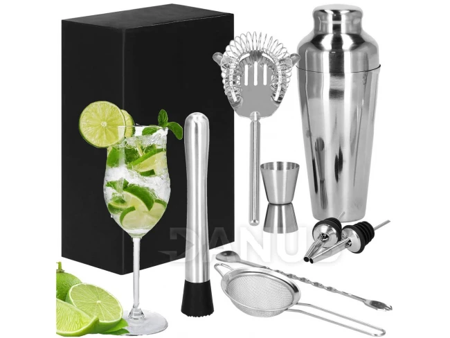 Barmanská súprava na nápoje - 8 prvkov - shaker 550 ml - strieborná