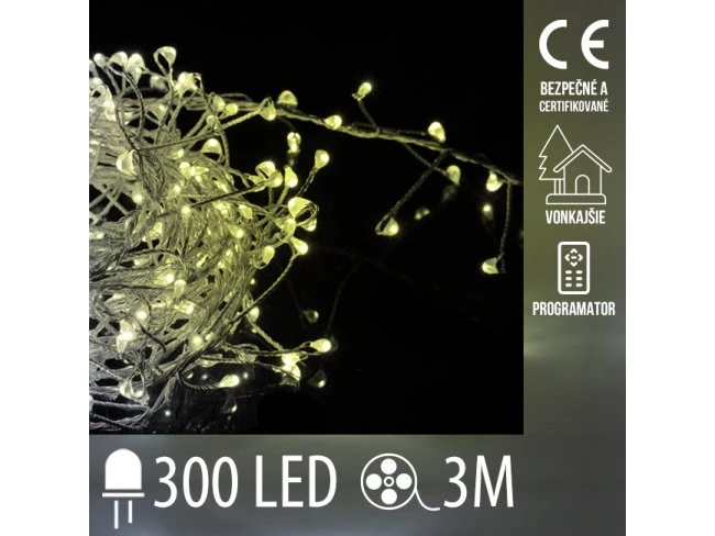 Vianočná led svetelná mikro reťaz cluster vonkajšia + programator - 300led - 3m studená biela + teplá biela