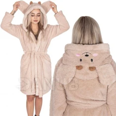 Dámsky plyšový župan Classic s kapucňou - S/M - svetlohnedá - vzor macko