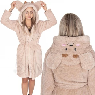 Dámsky plyšový župan Classic s kapucňou - S/M - svetlohnedá - vzor macko
