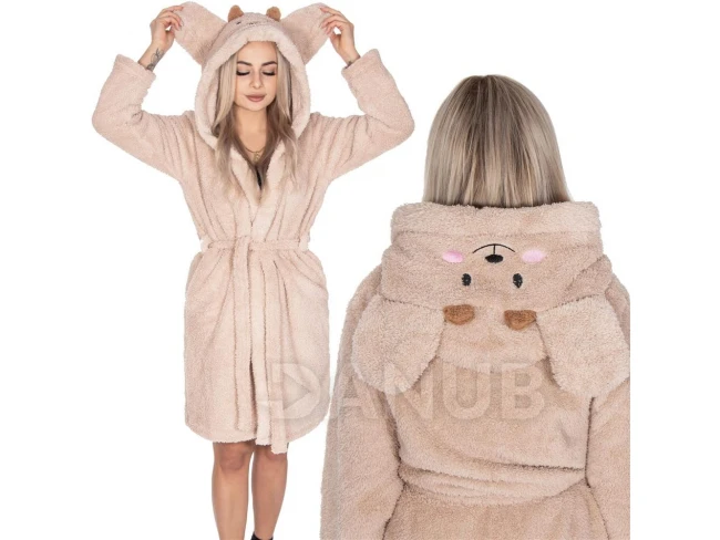 Dámsky plyšový župan Classic s kapucňou - S/M - svetlohnedá - vzor macko