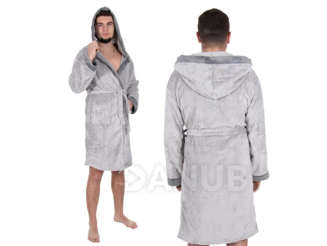 Pánsky plyšový župan s kapucňou - L/XL - sivý