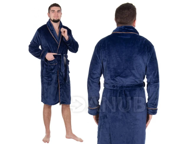 Pánsky plyšový župan - L/XL - tmavomodrý s hnedou