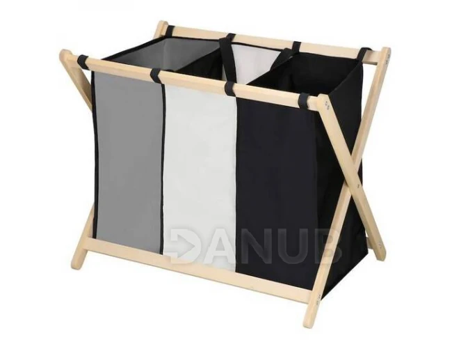 Kôš na bielizeň s tromi priehradkami - skladací - hranatý rám - 105 l - čierna/sivá/ecru