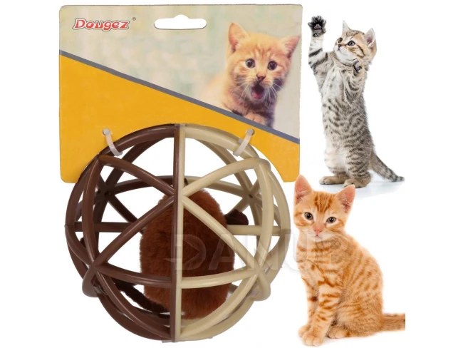 Loptička s myšou vo vnútri pre mačku - priem. 11 cm - hnedá, béžová