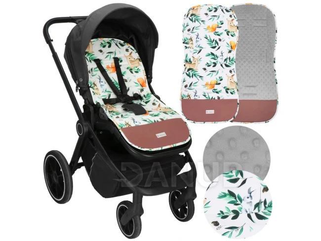 Podložka do kočíka - 37x78 cm - obojstranná - zvieratká/listy