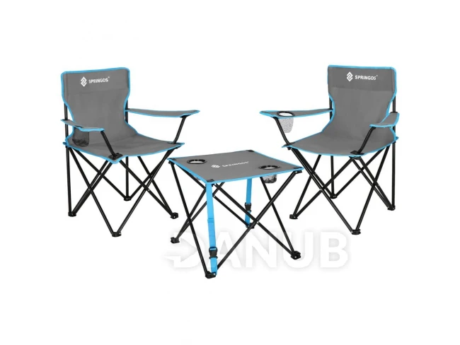 Skladacia kempingová súprava: stôl a 2 stoličky s operadlom
