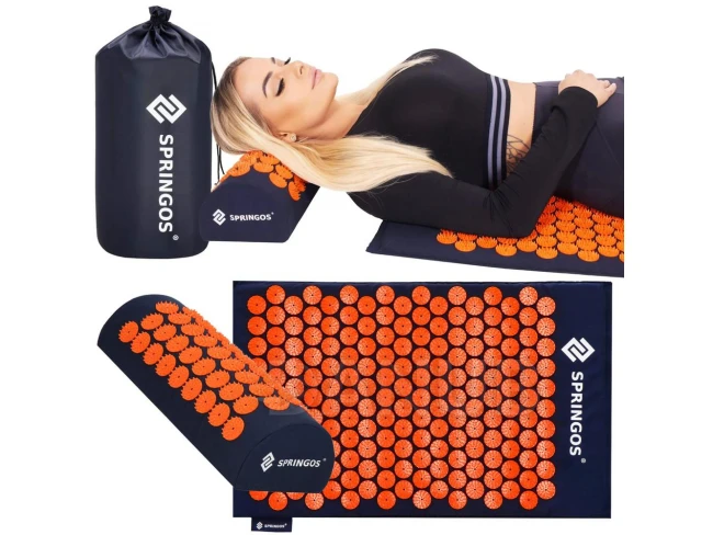 Akupresúrna podložka a vankúš s masážnymi hrotmi - 65x41 cm - tmavomodrá-oranžová