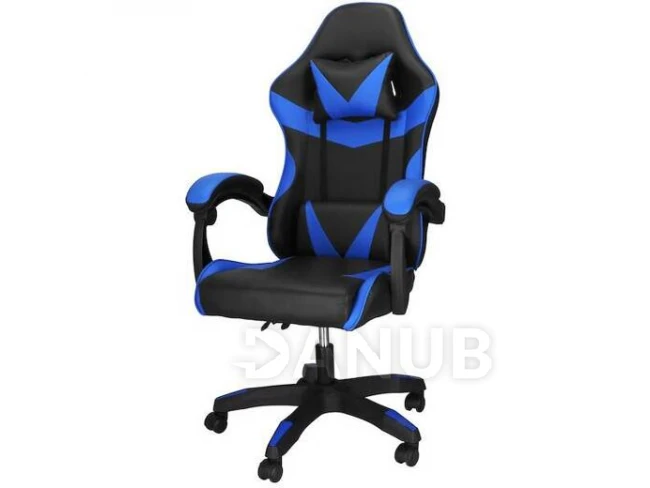 Herná/kancelárska stolička s nastaviteľným sklonom operadla, otočná - ekokoža - čierna/modrá