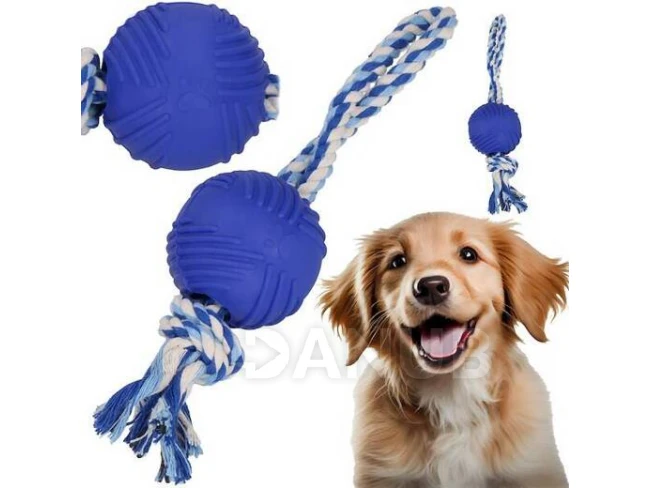 Hračka pre psa - lano s uzlom a gumenou loptičkou - hryzátko - modré 