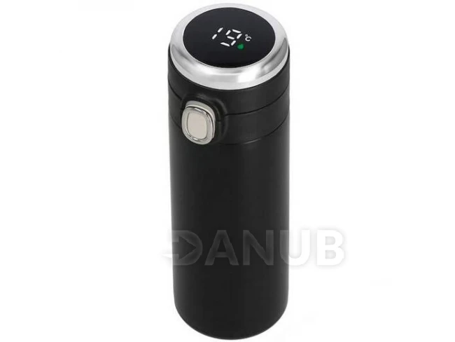 Nerezová termoska na kávu a čaj - s ukazovateľom teploty - čierna - 350 ml