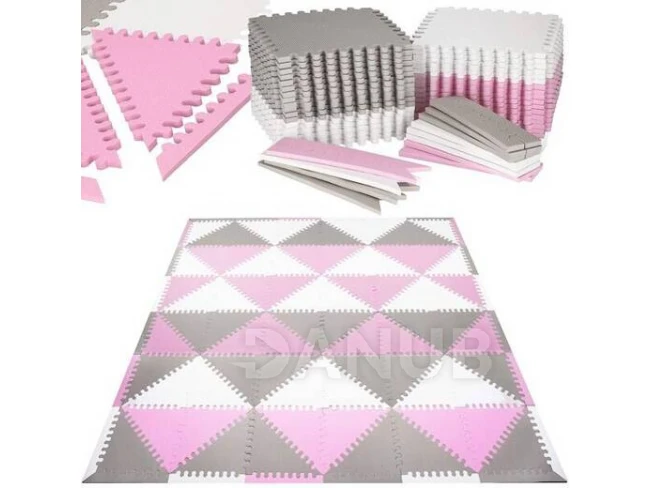 Penové puzzle trojuholníky - 157x127cm - biela, sivá, ružová