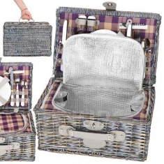 Piknikový kôš s príslušenstvom - termo - 42x27x20 cm - prútený - sivý