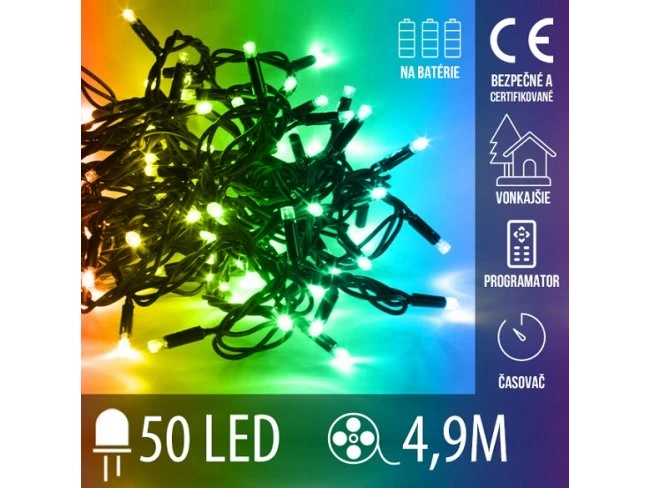 Vianočná led svetelná reťaz vonkajšia na batérie s časovačom + programator - 50led - 4,90m Multicolour