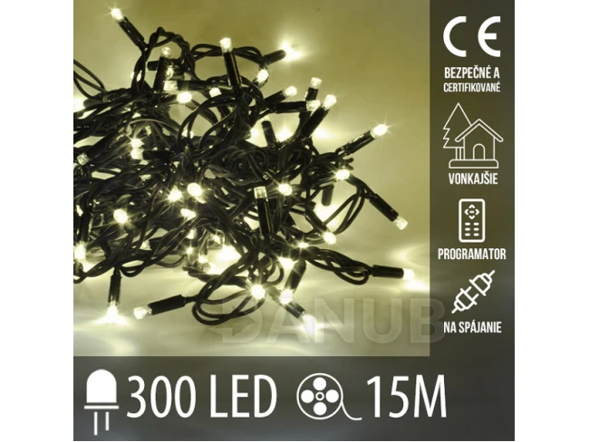 Vianočná led svetelná reťaz vonkajšia - na spájanie + programator - 300led - 15m Teplá biela