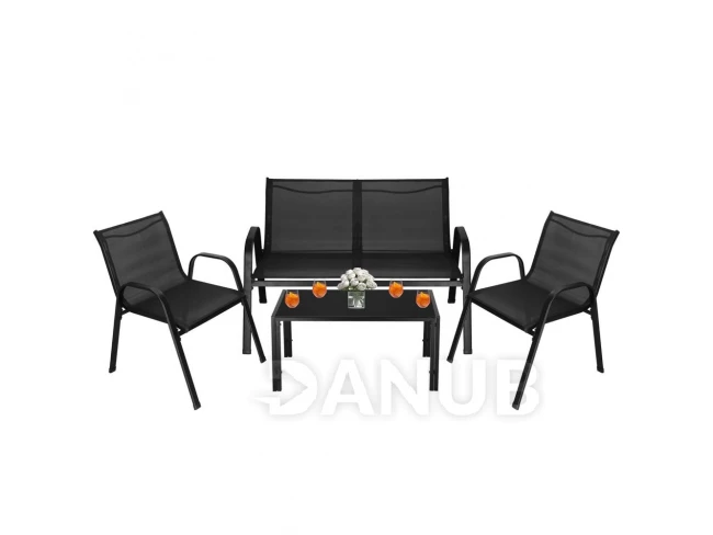 Zostava záhradného nábytku: sedačka, 2 stoličky a stôl so sklenenou doskou - čierna