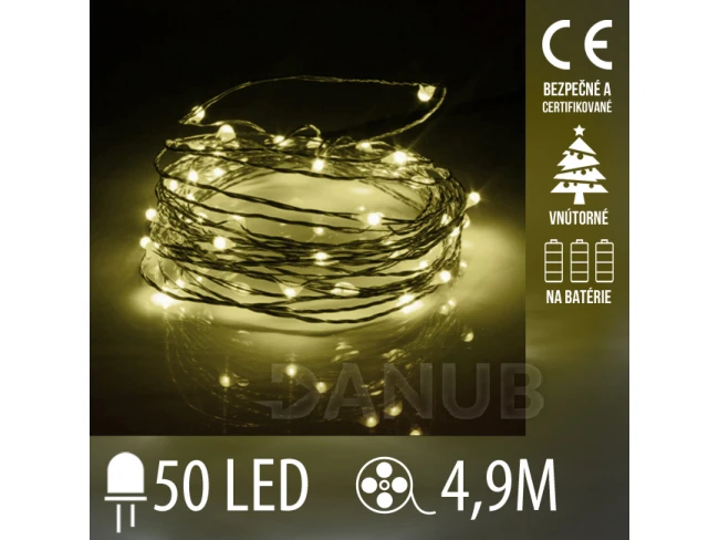 Vianočná led svetelná mikro reťaz vnútorná na batérie - 50led - 4,90m teplá biela
