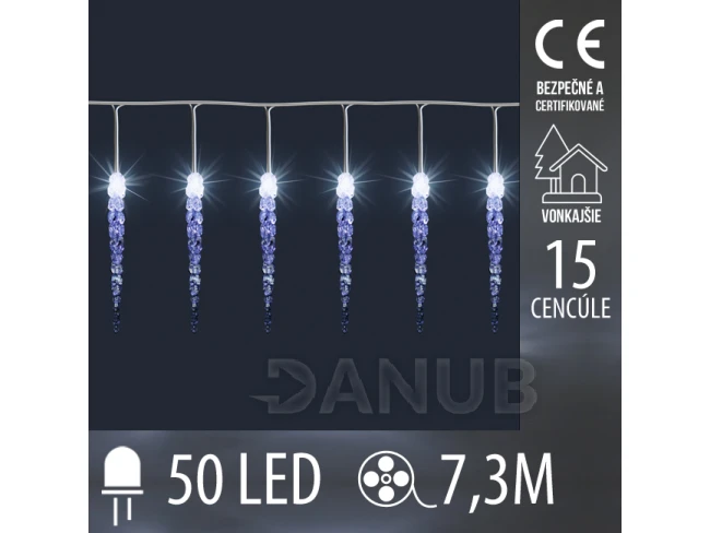 Vianočná led svetelná reťaz vonkajšia - 15 cencúle - 50led - 7,3m studená biela