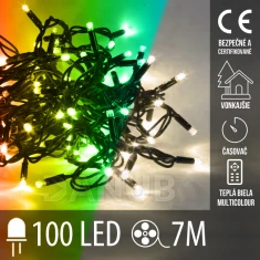 Vianočná led svetelná reťaz vonkajšia s časovačom + 2 farebné variácie - 100led - 7m teplá biela/multicolour