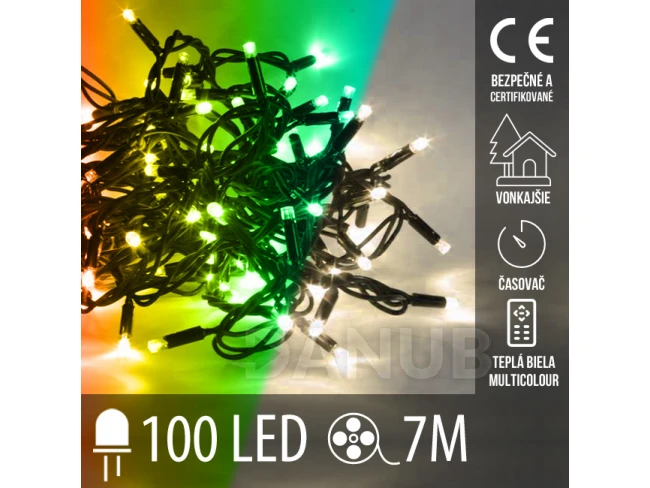 Vianočná led svetelná reťaz vonkajšia s časovačom + 2 farebné variácie - 100led - 7m teplá biela/multicolour