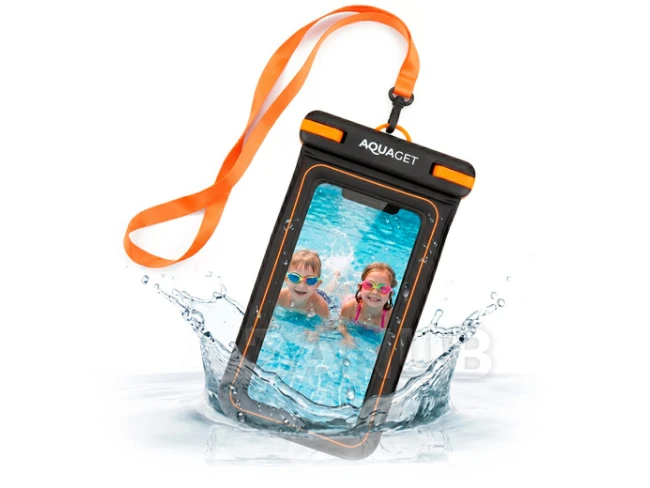 Vodotesný obal na telefón - 23.5 cm - transparentný - čierna/oranžová